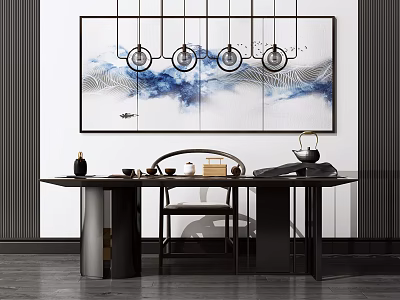 Modern Chinese Tea Table And Chairs In Interior With Teaware Hanging Lights And Decorative Painting 3d model