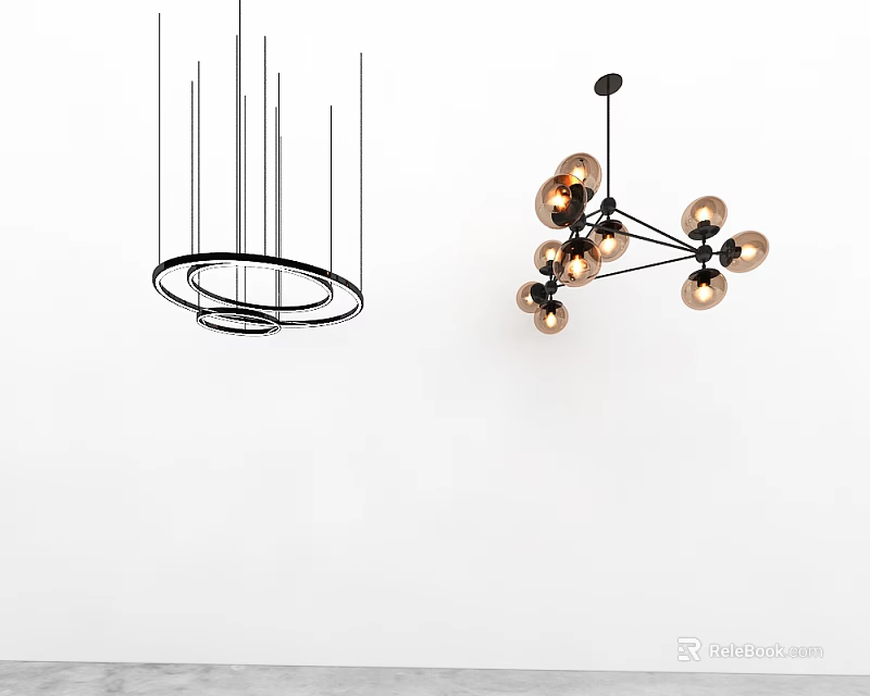 Modern Black Ring Shaped And Multi Sphere Gold Chandeliers With Metal Frames 3d model
