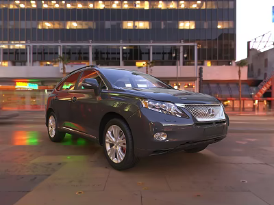 Black Lexus SUV Parked On City Street With Tall Buildings Evening Lights And Ground Reflection 3d model