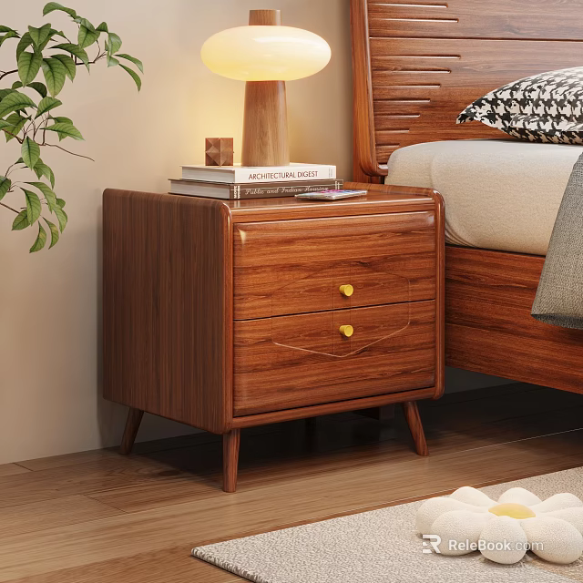 Natural Wooden Nightstand With Two Drawers Gold Handles Books And Table Lamp 3d model 