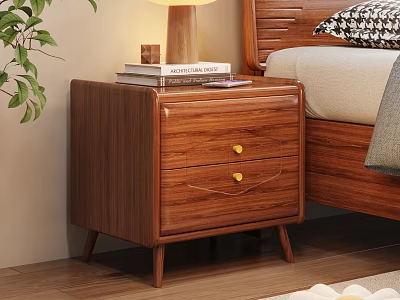Natural Wooden Nightstand With Two Drawers Gold Handles Books And Table Lamp 3d model