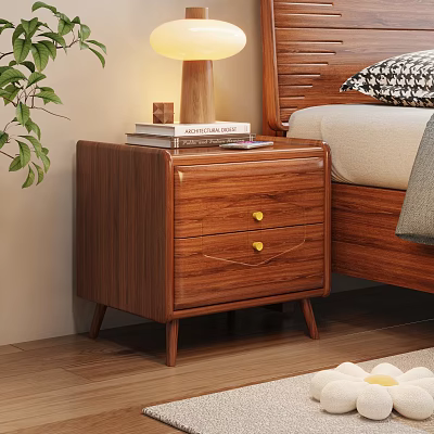 Natural Wooden Nightstand With Two Drawers Gold Handles Books And Table Lamp 3d model