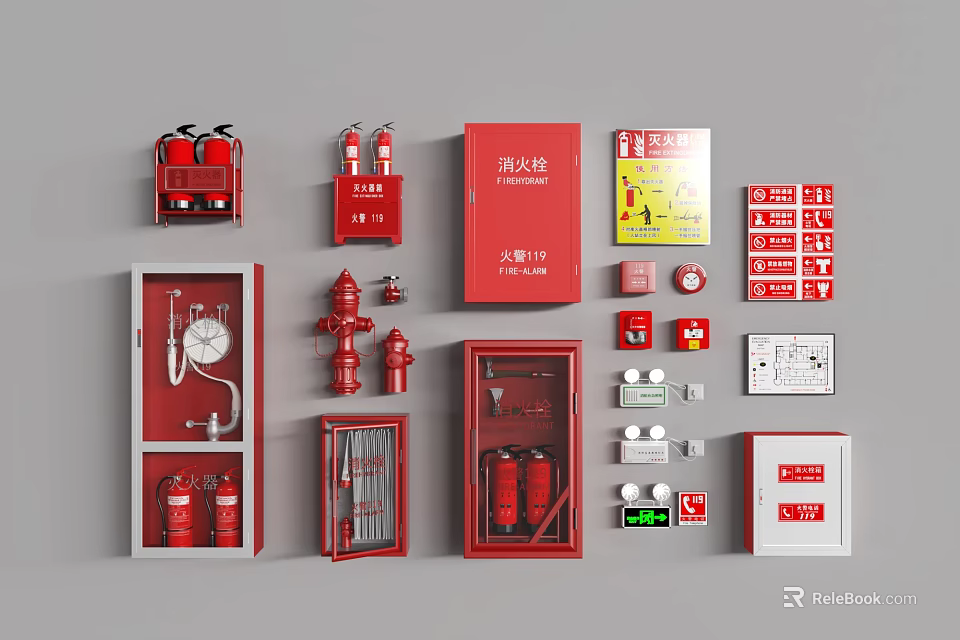 Essential Fire Equipment Collection Featuring Extinguishers Hydrants Cabinets And Safety Signs 3d model 