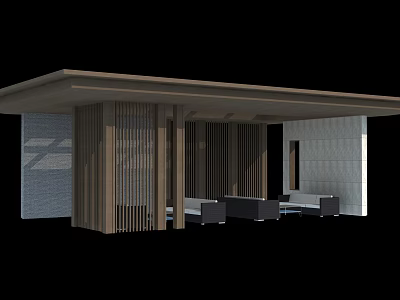 Modern Rest Area With Wooden Slats Canopy And Comfortable Sofas Design 3d model
