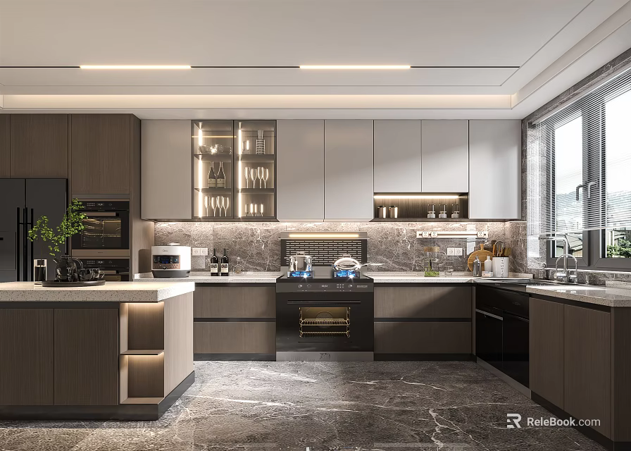 Modern Kitchen Interior Design With Marble Island Countertop Grey Cabinets And Appliances 3d model 