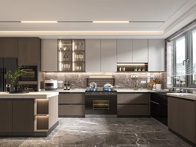 Modern Kitchen Interior Design With Marble Island Countertop Grey Cabinets And Appliances 3d model