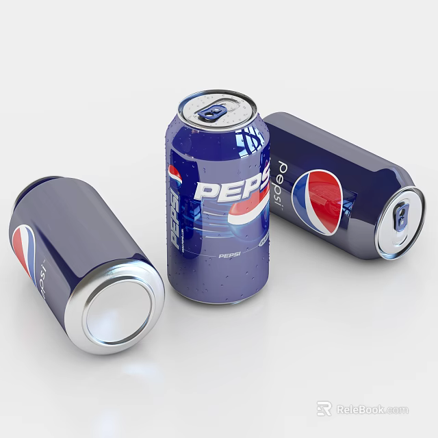 Pepsi Cola Three Blue Cans Standing Lying With Logo Refreshing Carbonated Soft Drink 3d model 