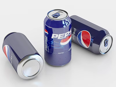Pepsi Cola Three Blue Cans Standing Lying With Logo Refreshing Carbonated Soft Drink 3d model