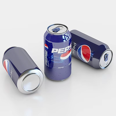 Pepsi Cola Three Blue Cans Standing Lying With Logo Refreshing Carbonated Soft Drink 3d model