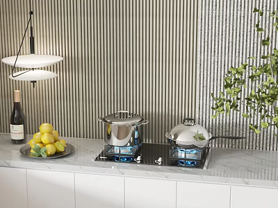 Kitchen Appliances on Stove with Blue Flames Lemons Wine Bottle Striped Wall and Green Plant 3d model