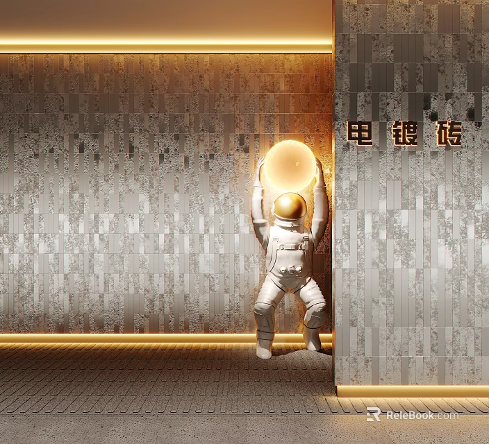 Modern Textured Tile Wall Design with Astronaut Sculpture and Warm Lighting Accents 3d model 