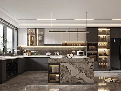 Modern Kitchen Interior With Marble Island Black Cabinets Pendant Lights And Appliances 3d model