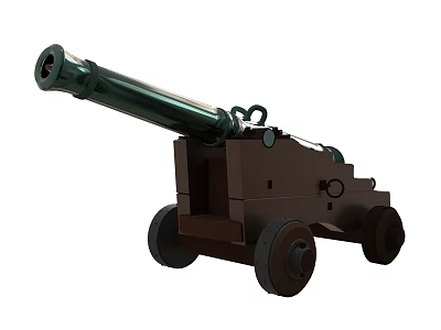 Old Fashioned Cannon Weapon With Green Barrel Wooden Carriage And Iron Wheels 3d model