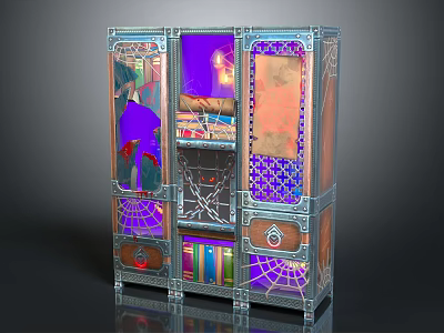 Decorative Cabinet With Glass Doors Colorful Panels Spider Web Patterns And Books 3d model