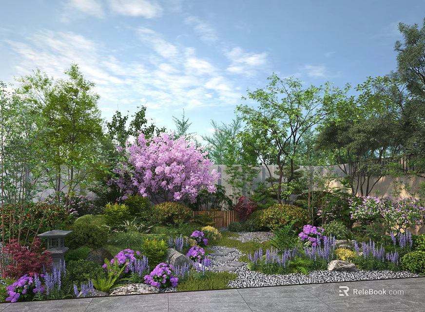 Serene Garden Landscape with Pink Flower Tree Purple Blooms Pebble Path and Stone Lantern 3d model 