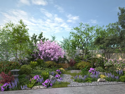 Serene Garden Landscape with Pink Flower Tree Purple Blooms Pebble Path and Stone Lantern 3d model