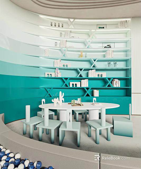 Modern Entertainment Room Interior With Turquoise Walls White Shelves And Round Dining Table 3d model 