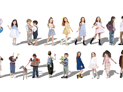 Group Of Children Standing Together With Balloons Backpacks And A Dog In Various Outfits 3d model