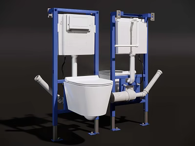 Wall Hung White Ceramic Toilet With Blue Metal Frame And Connected Pipes 3d model