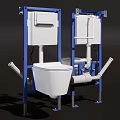 Wall Hung White Ceramic Toilet With Blue Metal Frame And Connected Pipes