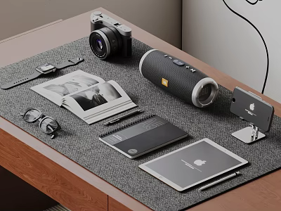 Modern Desk Setup With Camera Smartwatch Tablet Speaker Photos Notebook And Eyeglasses 3d model