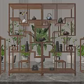 Multi Tiered Wooden Chinese Antique Display Shelf With Teapots Vases And Green Plants