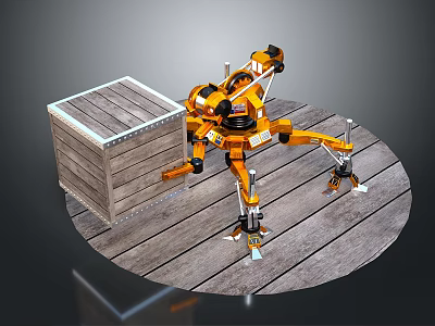 Orange Industrial Robotic Arm Handling Wooden Crate On Wooden Floor 3d model