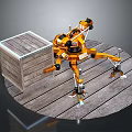 Orange Industrial Robotic Arm Handling Wooden Crate On Wooden Floor
