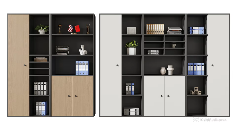 Modern Bookcase With Dark And Light Shelves Books Folders Plants And Cabinet Doors 3d model 