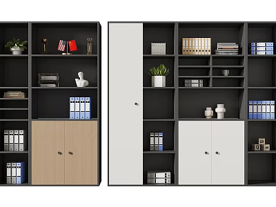 Modern Bookcase With Dark And Light Shelves Books Folders Plants And Cabinet Doors 3d model