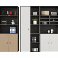 Modern Bookcase With Dark And Light Shelves Books Folders Plants And Cabinet Doors