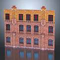 Traditional Brick Building Three Story Structure With Red Window Frames And Ornate Red Roof Cornices