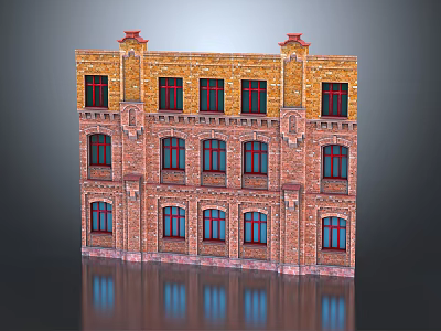 Traditional Brick Building Three Story Structure With Red Window Frames And Ornate Red Roof Cornices 3d model