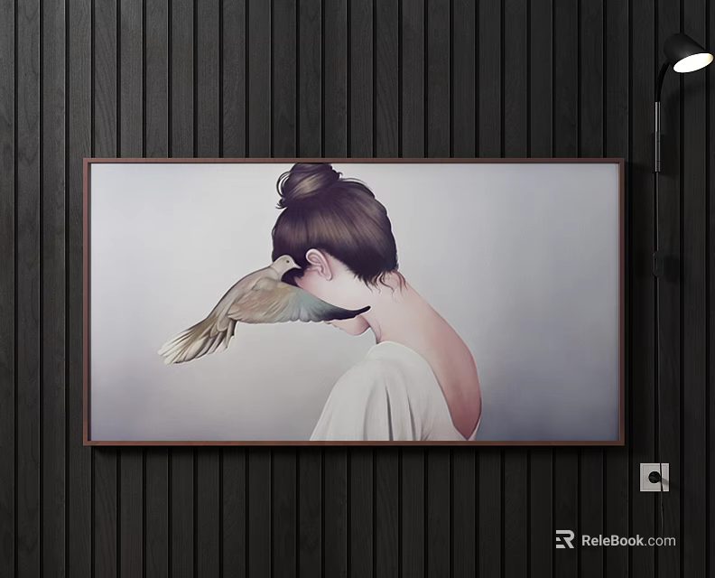 Portrait Painting of Woman with Bun Hair and Hummingbird in Wooden Frame 3d model 