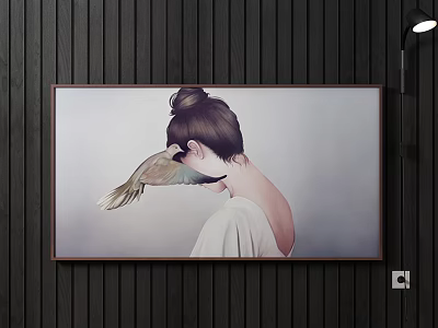 Portrait Painting of Woman with Bun Hair and Hummingbird in Wooden Frame 3d model