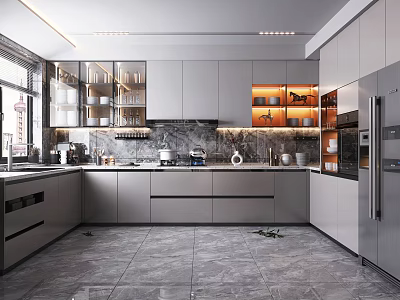 Modern Kitchen Interior Design With Gray Cabinets Island Counter And Lighting 3d model