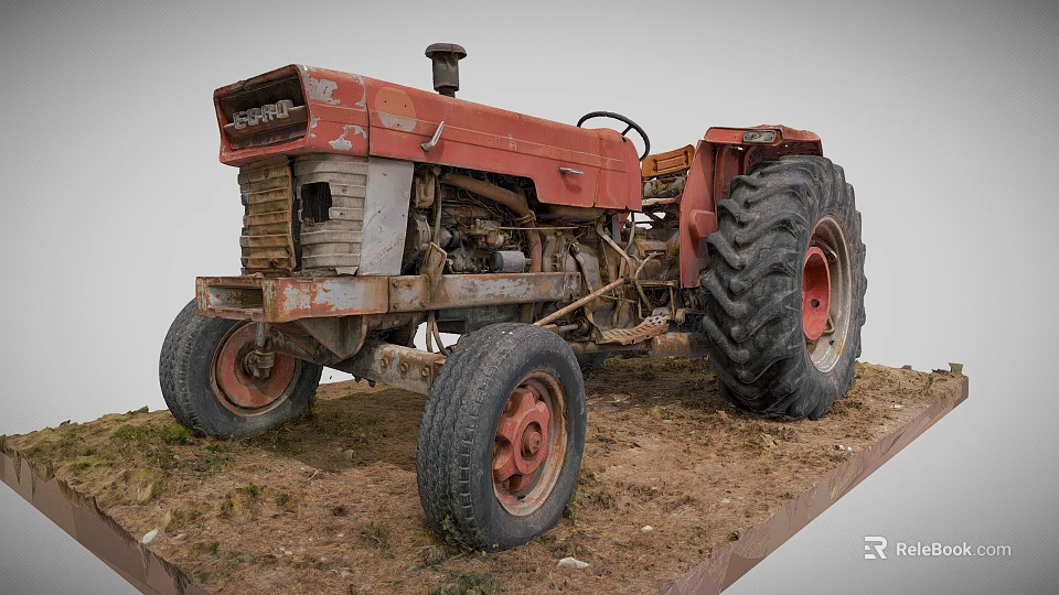 Old Red ENOR Utility Tractor with Large Tires on Dirt Ground 3d model 
