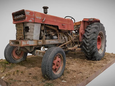 Old Red ENOR Utility Tractor with Large Tires on Dirt Ground 3d model