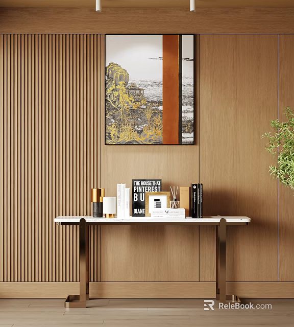 Console Table on Wooden Vertical Slat Wall with Artwork Books Gold Black Ornaments Green Plant 3d model 
