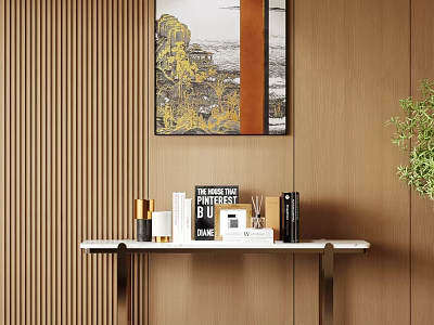 Console Table on Wooden Vertical Slat Wall with Artwork Books Gold Black Ornaments Green Plant 3d model