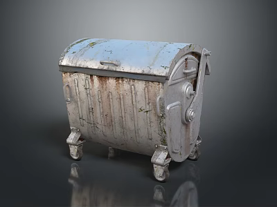 Old Metal Trash Bin With Lid And Wheels Weathered Surface Rusty Details 3d model