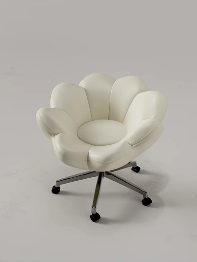 White Petal Shaped Leather Leisure Chair With Metal Base And Wheels 3d model