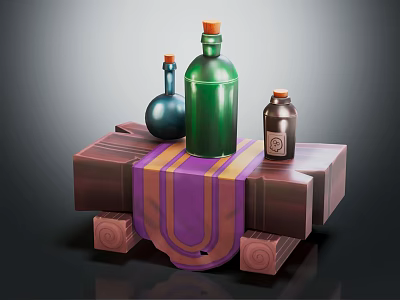 Green Blue Brown Wine Bottles and Glasses on Wooden Table With Purple Yellow Striped Cloth 3d model