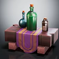 Green Blue Brown Wine Bottles and Glasses on Wooden Table With Purple Yellow Striped Cloth