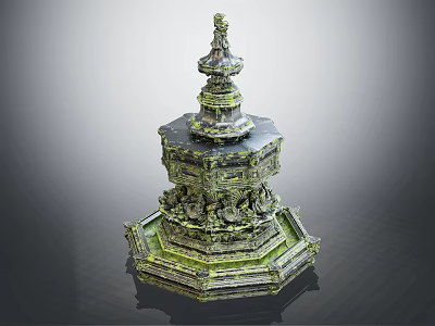 Intricate Carved Layered Tower Garden Ornament With Green Mossy Finish And Antique Design 3d model