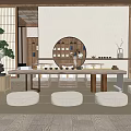 Japanese Style Tea Room Interior With Wooden Structure Tatami Mats Round Mirror And Pine Bonsai