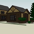 Traditional Detached Villa With Yellow Brown Exterior Decorative Windows Dark Roof And Green Shrubs