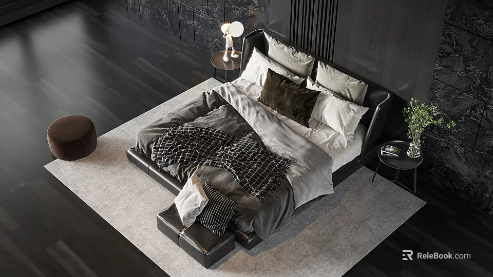 Modern Double Bed Bedroom Interior With Gray Bedding Plaid Blanket Nightstand And Green Plant 3d model 