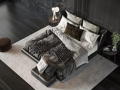 Modern Double Bed Bedroom Interior With Gray Bedding Plaid Blanket Nightstand And Green Plant 3d model