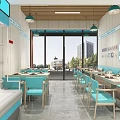Modern Restaurant Interior With Blue Chairs Wooden Tables Hanging Lights And Wall Decor